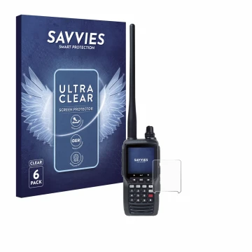 Face avant d’un emballage produit avec le logo de la marque Savvies. À côté, l’appareil Yaesu FTA-550 est représenté avec la p