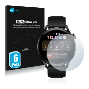 Face avant d’un emballage produit avec le logo de la marque Savvies. À côté, l’appareil Huawei Watch 3 est représenté avec la 