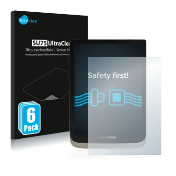 Face avant d’un emballage produit avec le logo de la marque Savvies. À côté, l’appareil PocketBook InkPad Color est représenté