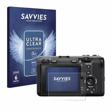 Face avant d’un emballage produit avec le logo de la marque Savvies. À côté, l’appareil Sony FX3 est représenté avec la protec