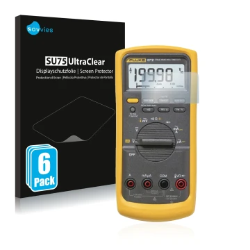 Face avant d’un emballage produit avec le logo de la marque Savvies. À côté, l’appareil Fluke 87v est représenté avec la prote