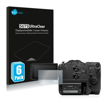 Face avant d’un emballage produit avec le logo de la marque Savvies. À côté, l’appareil Canon EOS C70 est représenté avec la p