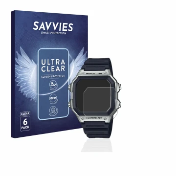 Face avant d’un emballage produit avec le logo de la marque Savvies. À côté, l’appareil Casio AE-1200WH est représenté avec la