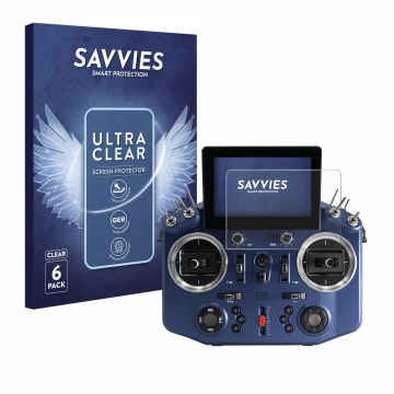 Face avant d’un emballage produit avec le logo de la marque Savvies. À côté, l’appareil FrSky Horus X20 est représenté avec la