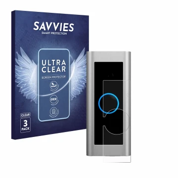Face avant d’un emballage produit avec le logo de la marque Savvies. À côté, l’appareil Ring Video Doorbell Pro 2 est représen