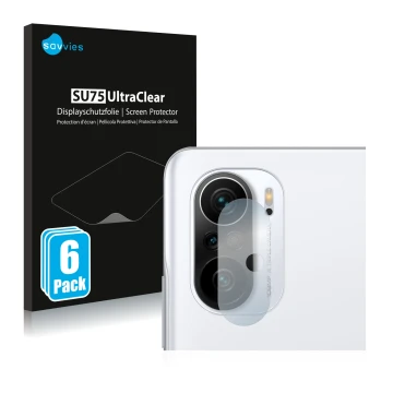 Face avant d’un emballage produit avec le logo de la marque Savvies. À côté, l’appareil Xiaomi Poco F3 (Caméra UNIQUEMENT) est