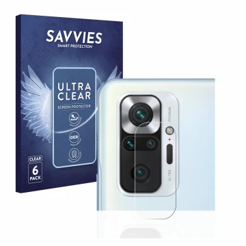 Face avant d’un emballage produit avec le logo de la marque Savvies. À côté, l’appareil Xiaomi Redmi Note 10S (Caméra UNIQUEME