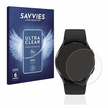 Face avant d’un emballage produit avec le logo de la marque Savvies. À côté, l’appareil Samsung Galaxy Watch 4 (40mm) est repr