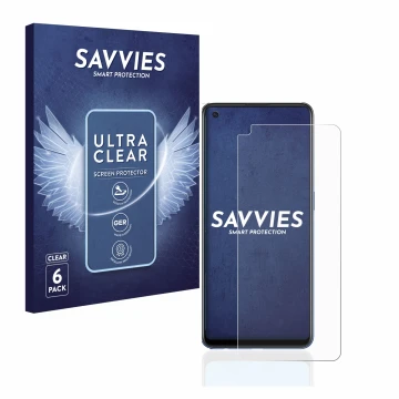Face avant d’un emballage produit avec le logo de la marque Savvies. À côté, l’appareil Oppo A74 est représenté avec la protec