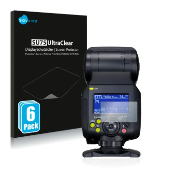 Face avant d’un emballage produit avec le logo de la marque Savvies. À côté, l’appareil Canon Speedlite EL-1 est représenté av