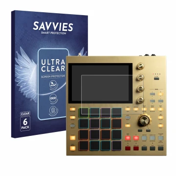 Face avant d’un emballage produit avec le logo de la marque Savvies. À côté, l’appareil Akai MPC One est représenté avec la pr