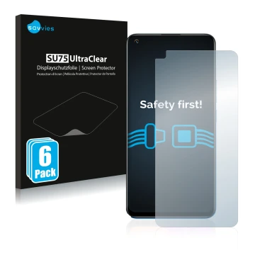 Face avant d’un emballage produit avec le logo de la marque Savvies. À côté, l’appareil realme 8 Pro est représenté avec la pr