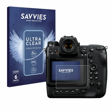 Face avant d’un emballage produit avec le logo de la marque Savvies. À côté, l’appareil Nikon Z 9 est représenté avec la prote