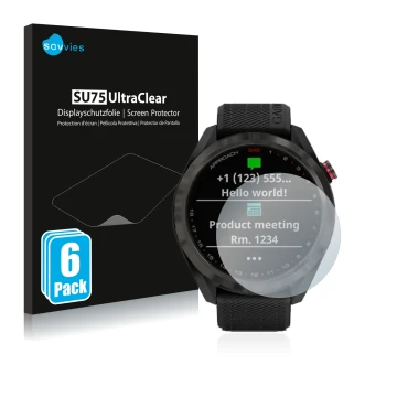 Face avant d’un emballage produit avec le logo de la marque Savvies. À côté, l’appareil Garmin Approach S42 est représenté ave