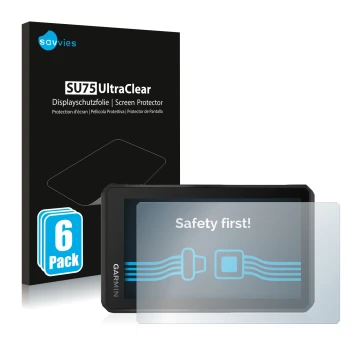 Face avant d’un emballage produit avec le logo de la marque Savvies. À côté, l’appareil Garmin Tread 5.5