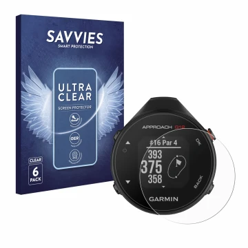 Face avant d’un emballage produit avec le logo de la marque Savvies. À côté, l’appareil Garmin Approach G12 est représenté ave