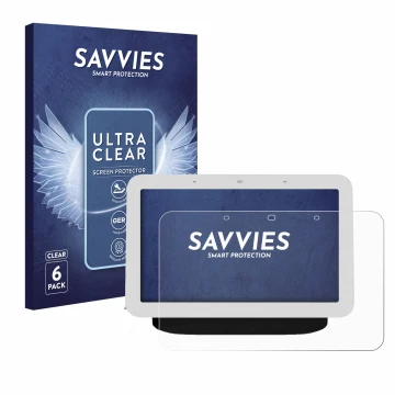 Face avant d’un emballage produit avec le logo de la marque Savvies. À côté, l’appareil Google Nest Hub 2 est représenté avec 