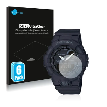 Face avant d’un emballage produit avec le logo de la marque Savvies. À côté, l’appareil Casio G-Shock GBA800 est représenté av