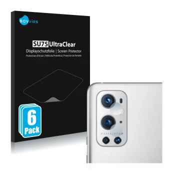 Face avant d’un emballage produit avec le logo de la marque Savvies. À côté, l’appareil OnePlus 9 Pro (Caméra UNIQUEMENT) est 