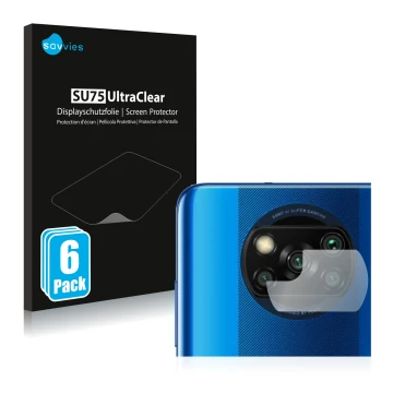 Face avant d’un emballage produit avec le logo de la marque Savvies. À côté, l’appareil Xiaomi Poco X3 Pro (Caméra UNIQUEMENT)