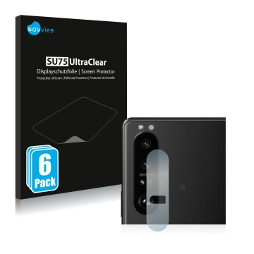 Face avant d’un emballage produit avec le logo de la marque Savvies. À côté, l’appareil Sony Xperia 1 III (Caméra UNIQUEMENT) 