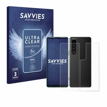 Face avant d’un emballage produit avec le logo de la marque Savvies. À côté, l’appareil Sony Xperia 5 III (Avant+Arrière) est 