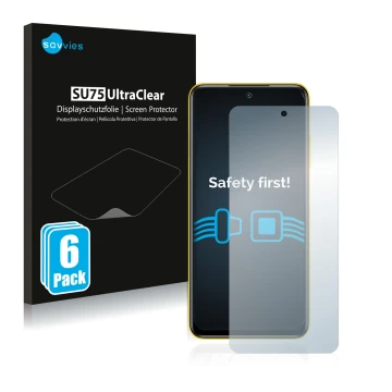 Face avant d’un emballage produit avec le logo de la marque Savvies. À côté, l’appareil Xiaomi Poco M3 Pro 5G est représenté a