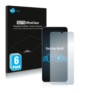 Face avant d’un emballage produit avec le logo de la marque Savvies. À côté, l’appareil Vivo V21 5G est représenté avec la pro