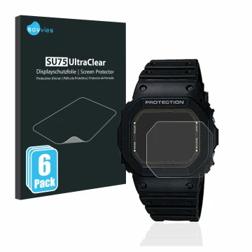 Face avant d’un emballage produit avec le logo de la marque Savvies. À côté, l’appareil Casio G-Shock GW-5000-1JF est représen