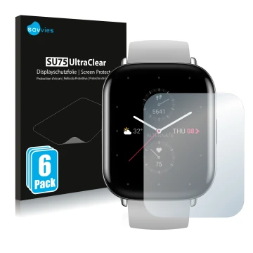 Face avant d’un emballage produit avec le logo de la marque Savvies. À côté, l’appareil Huami Amazfit Zepp E Square est représ