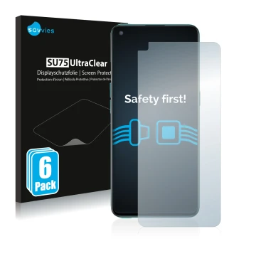 Face avant d’un emballage produit avec le logo de la marque Savvies. À côté, l’appareil OnePlus Nord CE 5G est représenté avec