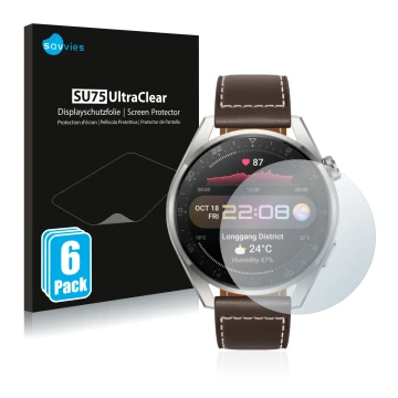 Face avant d’un emballage produit avec le logo de la marque Savvies. À côté, l’appareil Huawei Watch 3 Pro est représenté avec