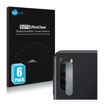 Face avant d’un emballage produit avec le logo de la marque Savvies. À côté, l’appareil Xiaomi Redmi Note 8 2021 (Caméra UNIQU