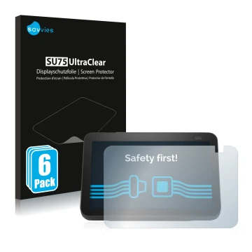 Face avant d’un emballage produit avec le logo de la marque Savvies. À côté, l’appareil Amazon Echo Show 8 2021 (2e Gen.) est 