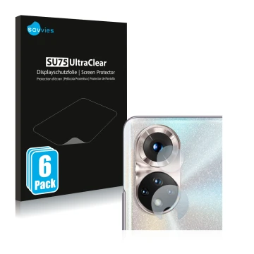 Face avant d’un emballage produit avec le logo de la marque Savvies. À côté, l’appareil Honor 50 (Caméra UNIQUEMENT) est repré