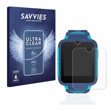 Face avant d’un emballage produit avec le logo de la marque Savvies. À côté, l’appareil TCL Movetime Family Watch 2 est représ