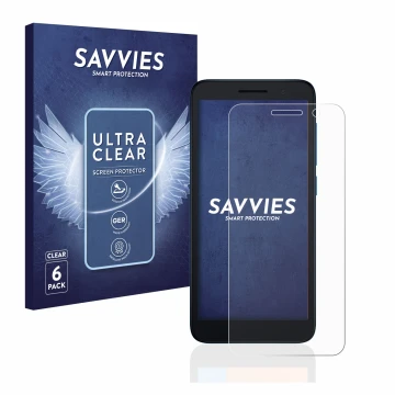 Face avant d’un emballage produit avec le logo de la marque Savvies. À côté, l’appareil Alcatel 1 (2021) est représenté avec l