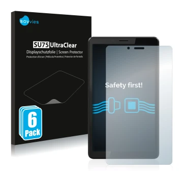 Face avant d’un emballage produit avec le logo de la marque Savvies. À côté, l’appareil Lenovo Tab M7 (3ème Gen.) est représen