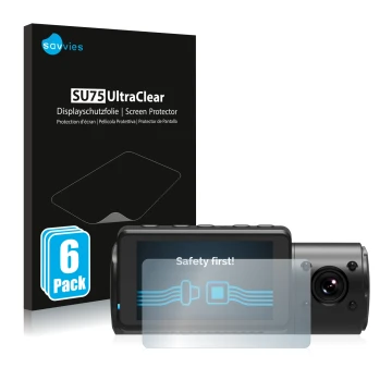 Face avant d’un emballage produit avec le logo de la marque Savvies. À côté, l’appareil Vantrue N4 est représenté avec la prot