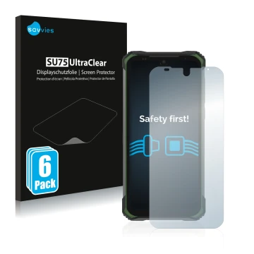 Face avant d’un emballage produit avec le logo de la marque Savvies. À côté, l’appareil Doogee S86 Pro est représenté avec la 