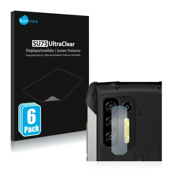 Face avant d’un emballage produit avec le logo de la marque Savvies. À côté, l’appareil Ulefone Power Armor 13 (Caméra UNIQUEM