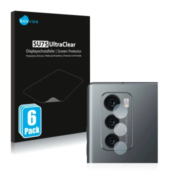 Face avant d’un emballage produit avec le logo de la marque Savvies. À côté, l’appareil LG Wing (Caméra UNIQUEMENT) est représ