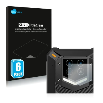 Face avant d’un emballage produit avec le logo de la marque Savvies. À côté, l’appareil Oukitel WP15 5G (Caméra UNIQUEMENT) es