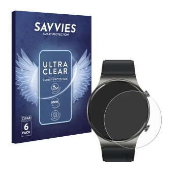 Face avant d’un emballage produit avec le logo de la marque Savvies. À côté, l’appareil Huawei Watch GT 2 Pro ECG est représen