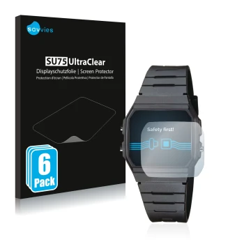 Face avant d’un emballage produit avec le logo de la marque Savvies. À côté, l’appareil Casio Collection Unisex F-91W est repr