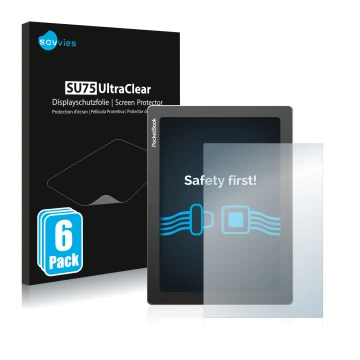 Face avant d’un emballage produit avec le logo de la marque Savvies. À côté, l’appareil PocketBook InkPad Lite est représenté 