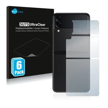Face avant d’un emballage produit avec le logo de la marque Savvies. À côté, l’appareil Samsung Galaxy Z Flip 3 5G (Arrière) e
