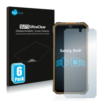 Face avant d’un emballage produit avec le logo de la marque Savvies. À côté, l’appareil Cubot King Kong 5 est représenté avec 