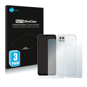 Face avant d’un emballage produit avec le logo de la marque Savvies. À côté, l’appareil Samsung Galaxy A22 5G (Avant+Arrière) 