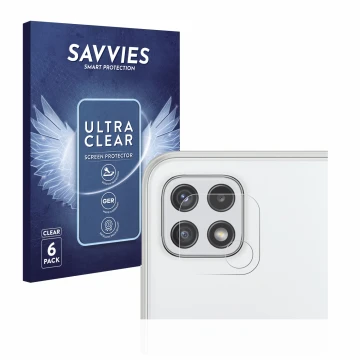 Face avant d’un emballage produit avec le logo de la marque Savvies. À côté, l’appareil Samsung Galaxy A22 5G (Caméra UNIQUEME